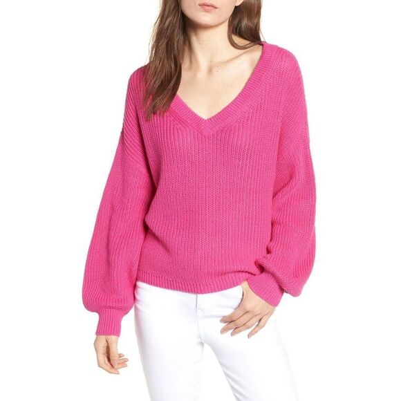 Nordstrom BP | Balloon Sleeve Crop V-neck Sweater - [XS in Pink] - Picture 1 of 11